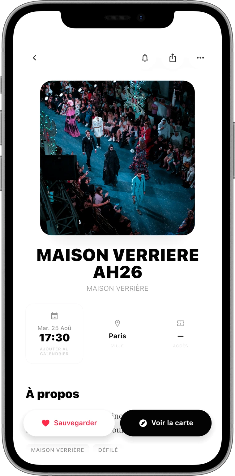 La fiche d'un événement dans l'application : visuel, titre, date, heure, ville et conditions d'accès.