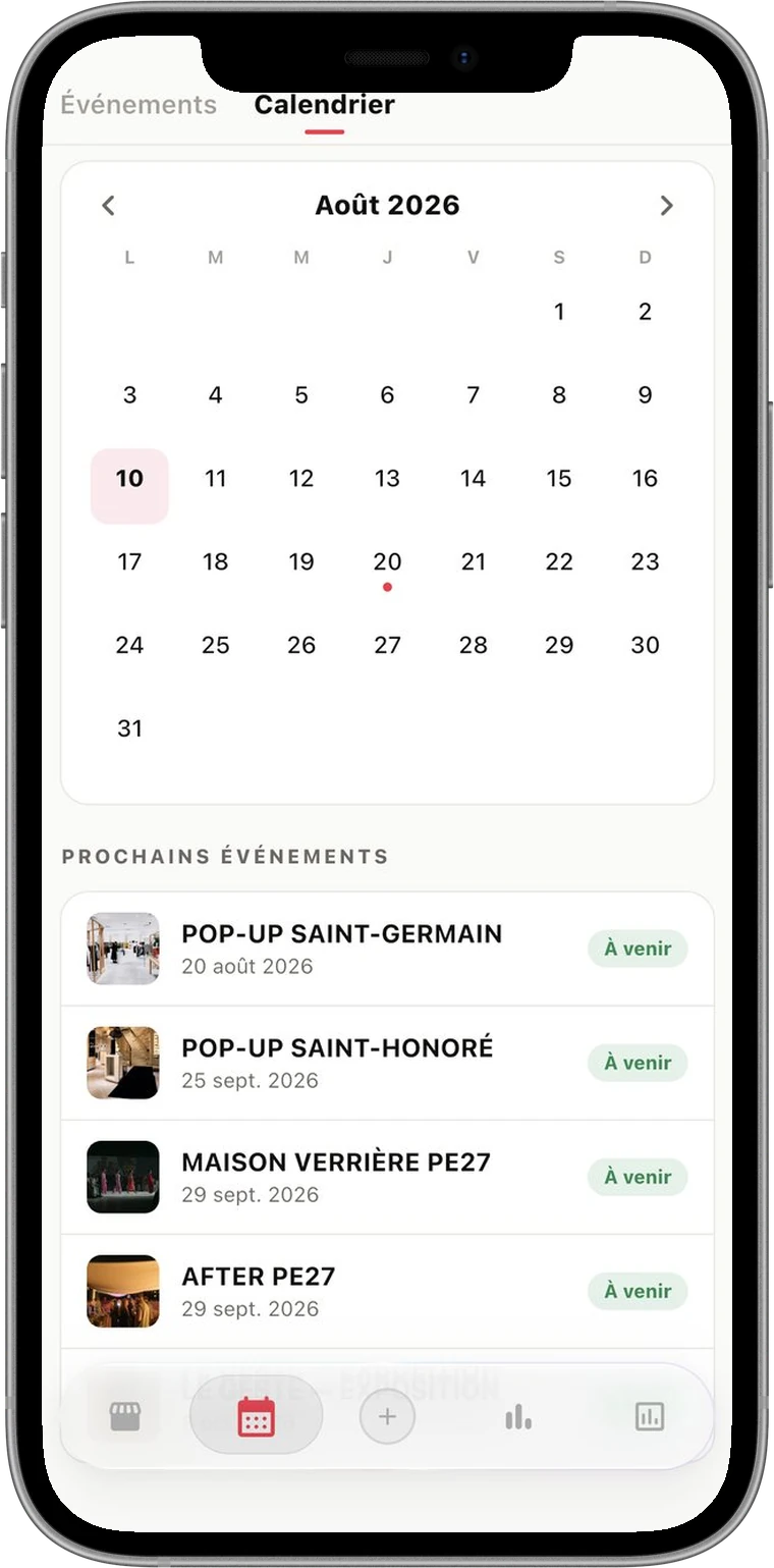 Le calendrier de la marque : les dates occupées et la liste des prochains événements.