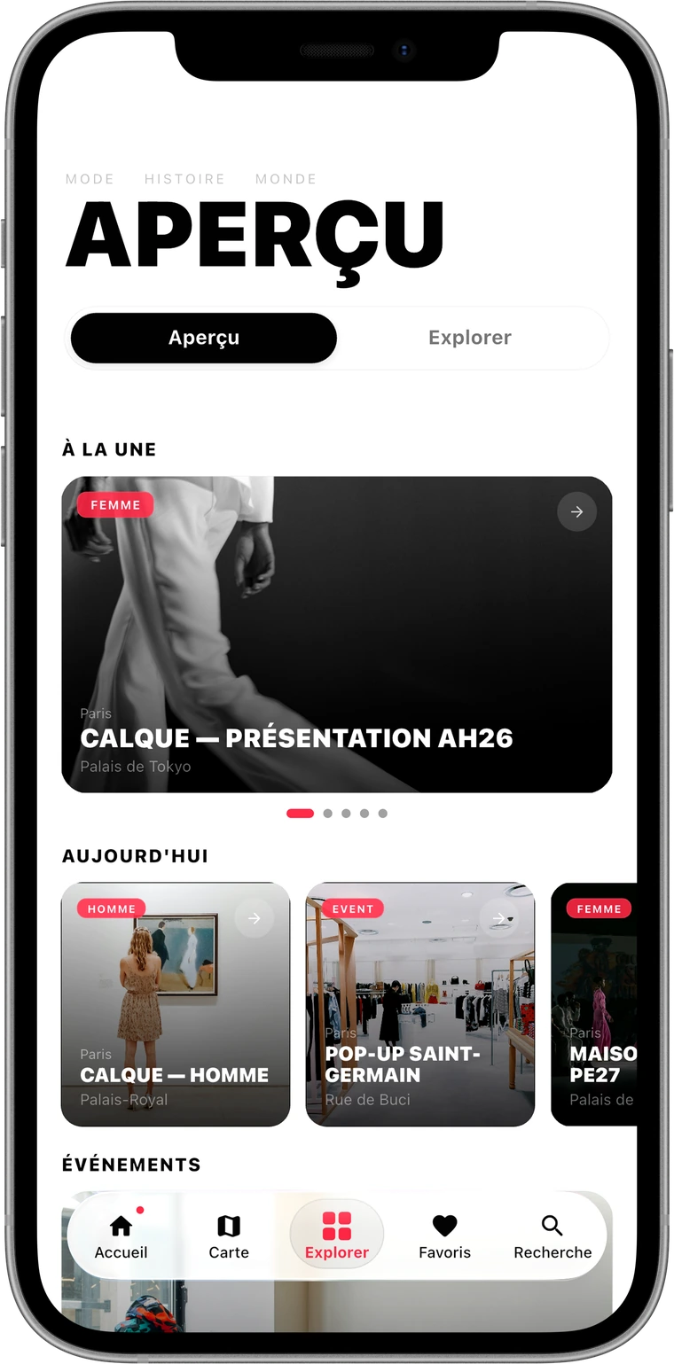 L'écran Aperçu de l'application : l'événement mis en avant occupe la première place du carrousel À la une.