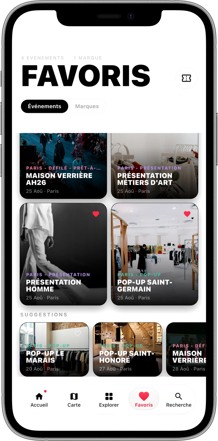 L'écran Favoris de l'application : l'événement mis en avant ouvre la rangée Suggestions.